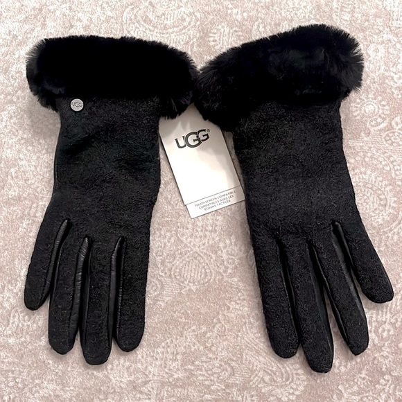 Brand New UGG Wool Black Leather Shorty Touchscreen Tech Gloves Sheepskin Cuff - Picture 16 of 16